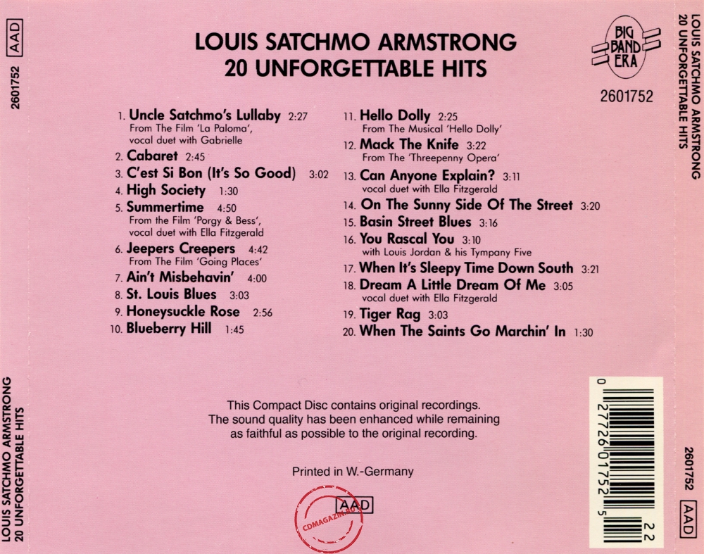Audio CD: Louis Armstrong (1986) 20 Unforgettable Hits