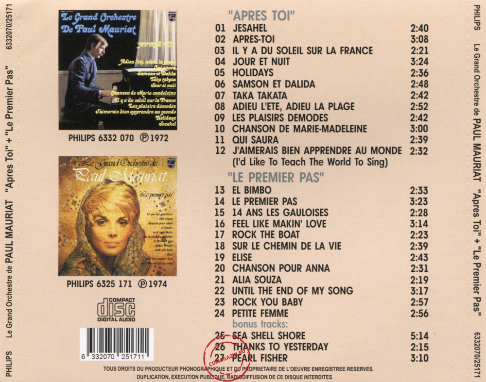 Audio CD: Paul Mauriat (1972) Apres Toi + Le Premier Pas Audio CD: Paul Mauriat (1972) Apres Toi + Le Premier Pas