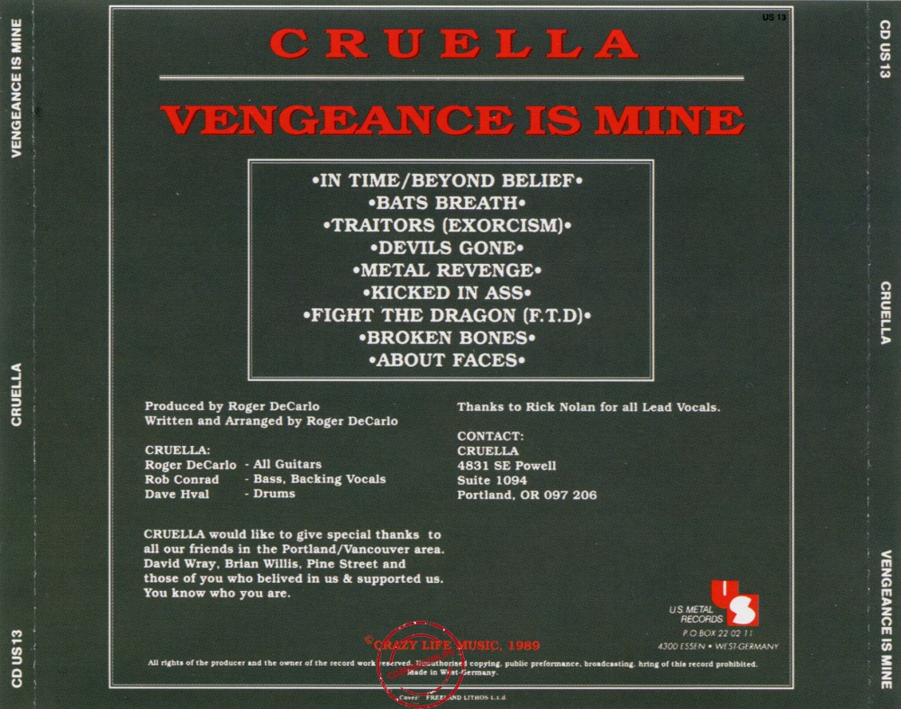 Audio CD: Cruella (1989) Vengeance Is Mine