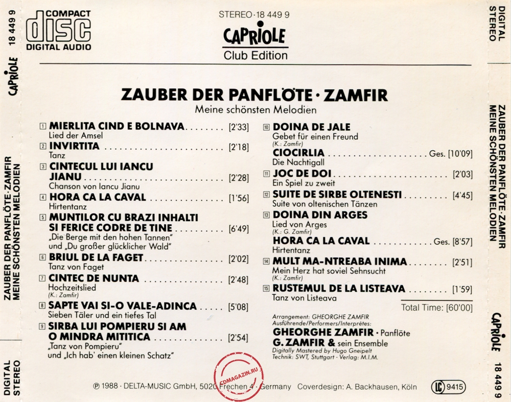 Audio CD: Gheorghe Zamfir (1988) Zauber Der Panflöte • Meine Schönsten Melodien