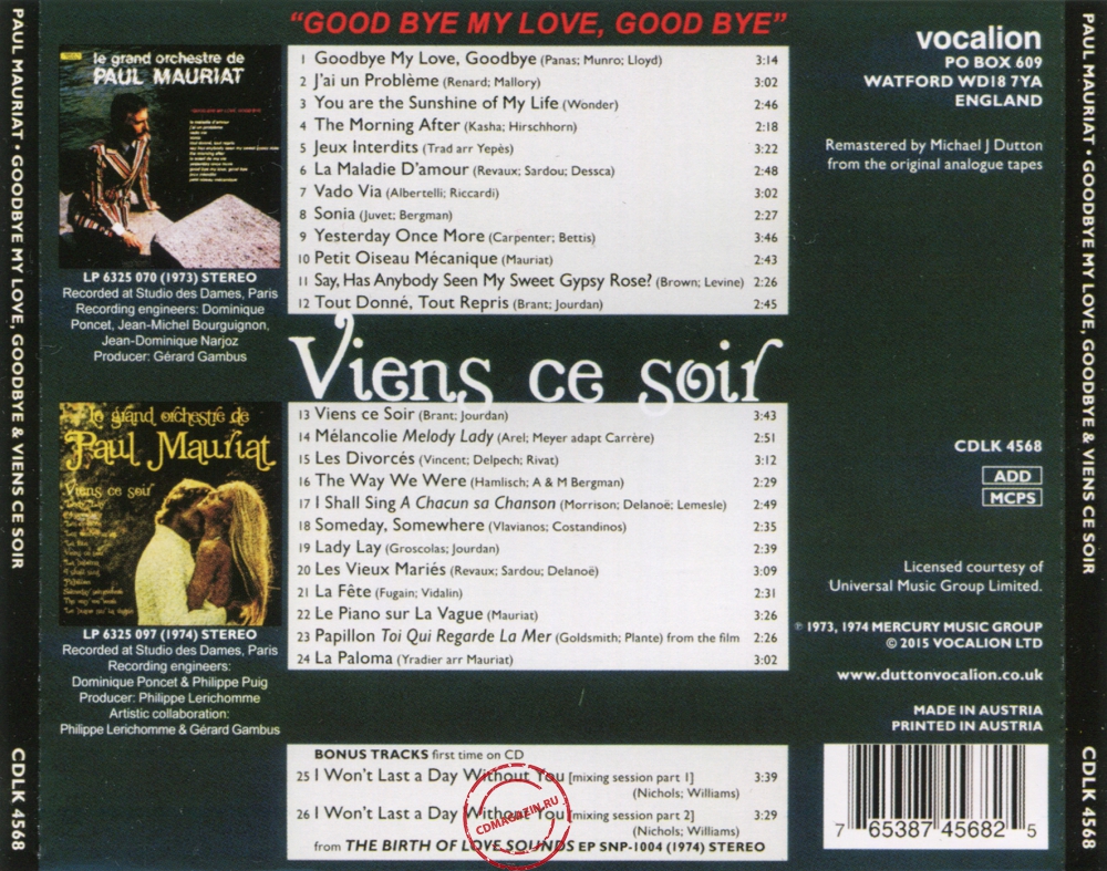 Audio CD: Paul Mauriat (1973) Good Bye My Love, Good Bye + Viens Ce Soir Audio CD: Paul Mauriat (1973) Good Bye My Love, Good Bye + Viens Ce Soir