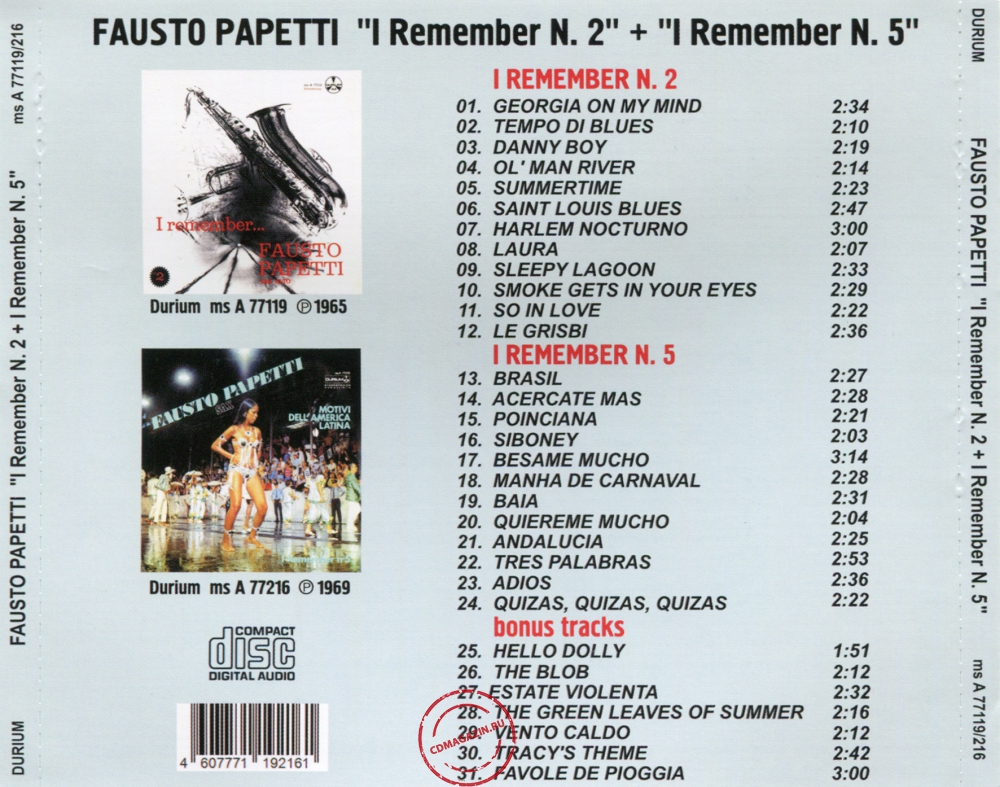 Audio CD: Fausto Papetti (1965) I Remember N. 2 + I Remember N. 5 Audio CD: Fausto Papetti (1965) I Remember N. 2 + I Remember N. 5