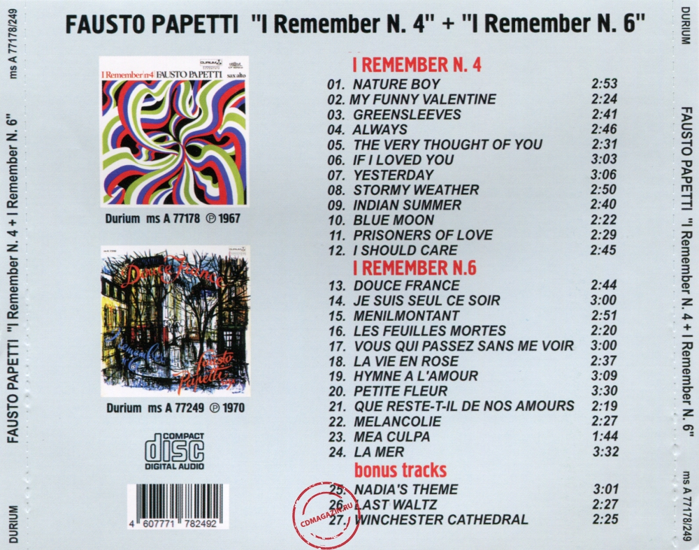 Audio CD: Fausto Papetti (1967) I Remember N. 4 + I Remember N. 6 Audio CD: Fausto Papetti (1967) I Remember N. 4 + I Remember N. 6