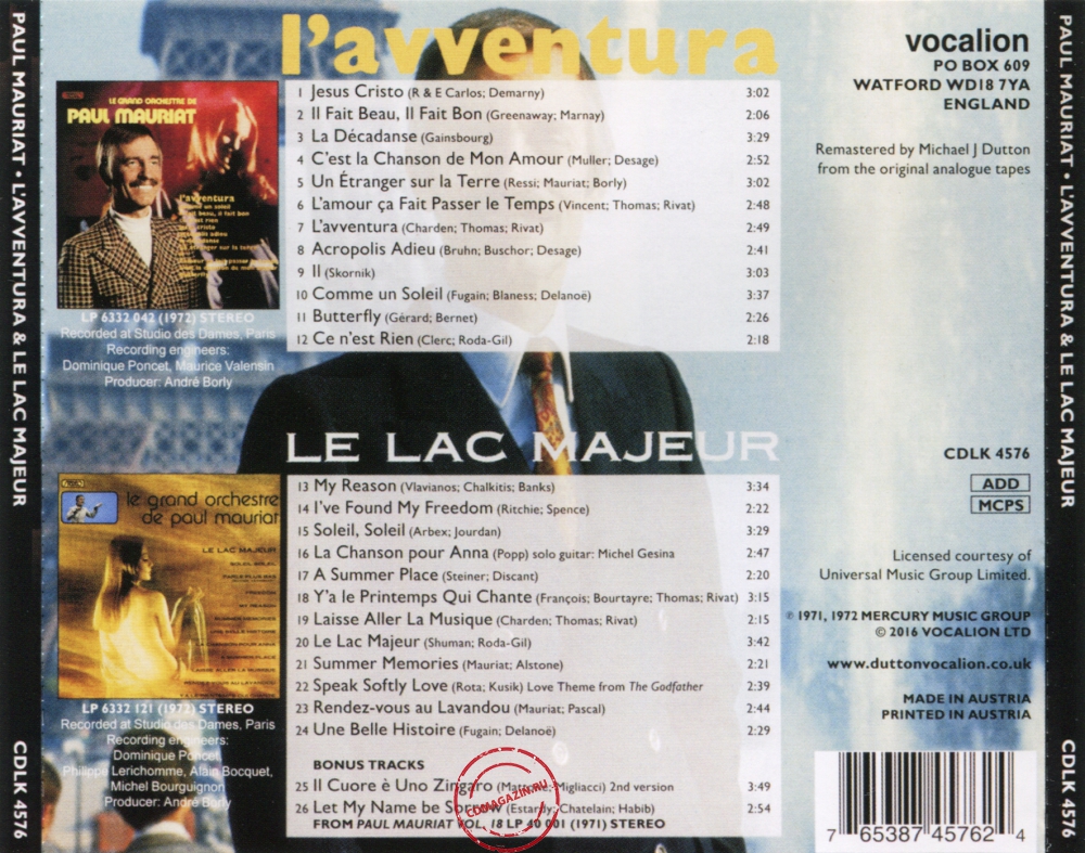 Audio CD: Paul Mauriat (1972) L'avventura + Le Lac Majeur Audio CD: Paul Mauriat (1972) L'avventura + Le Lac Majeur
