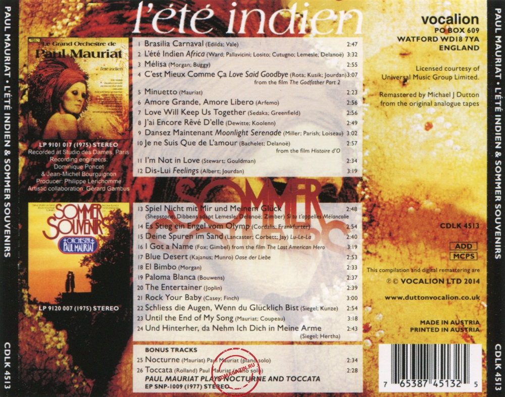 Audio CD: Paul Mauriat (1975) L'ete Indien + Sommer Souvenirs