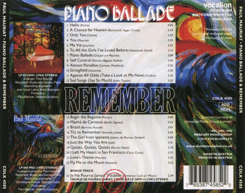 Audio CD: Paul Mauriat (1984) Piano Ballade + Remember