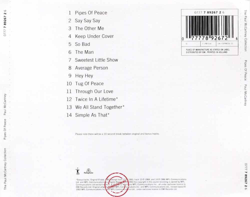 Audio CD: Paul McCartney (1983) Pipes Of Peace Audio CD: Paul McCartney (1983) Pipes Of Peace