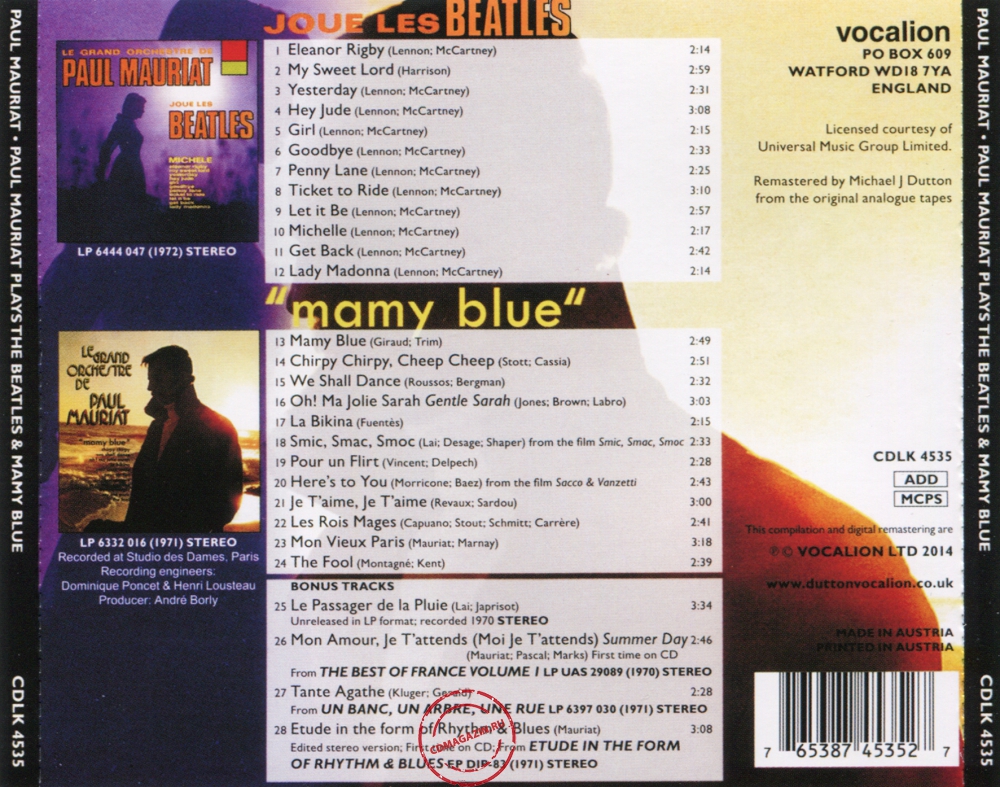 Audio CD: Paul Mauriat (1972) Plays The Beatles + Mamy Blue Audio CD: Paul Mauriat (1972) Plays The Beatles + Mamy Blue