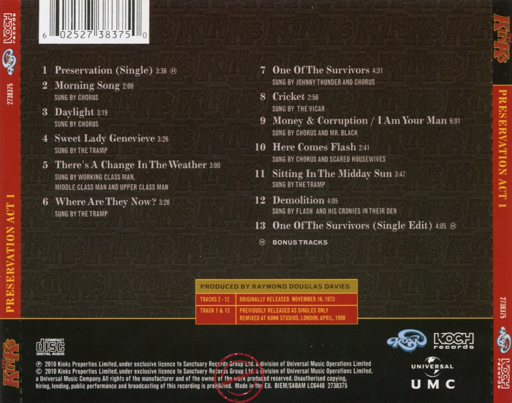 Audio CD: Kinks (1973) Preservation Act 1 Audio CD: Kinks (1973) Preservation Act 1