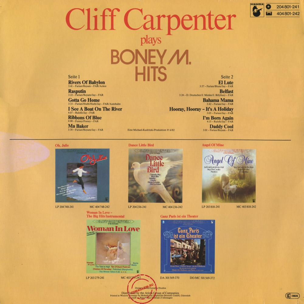 Оцифровка винила: Cliff Carpenter (1982) Plays Boney M Hits