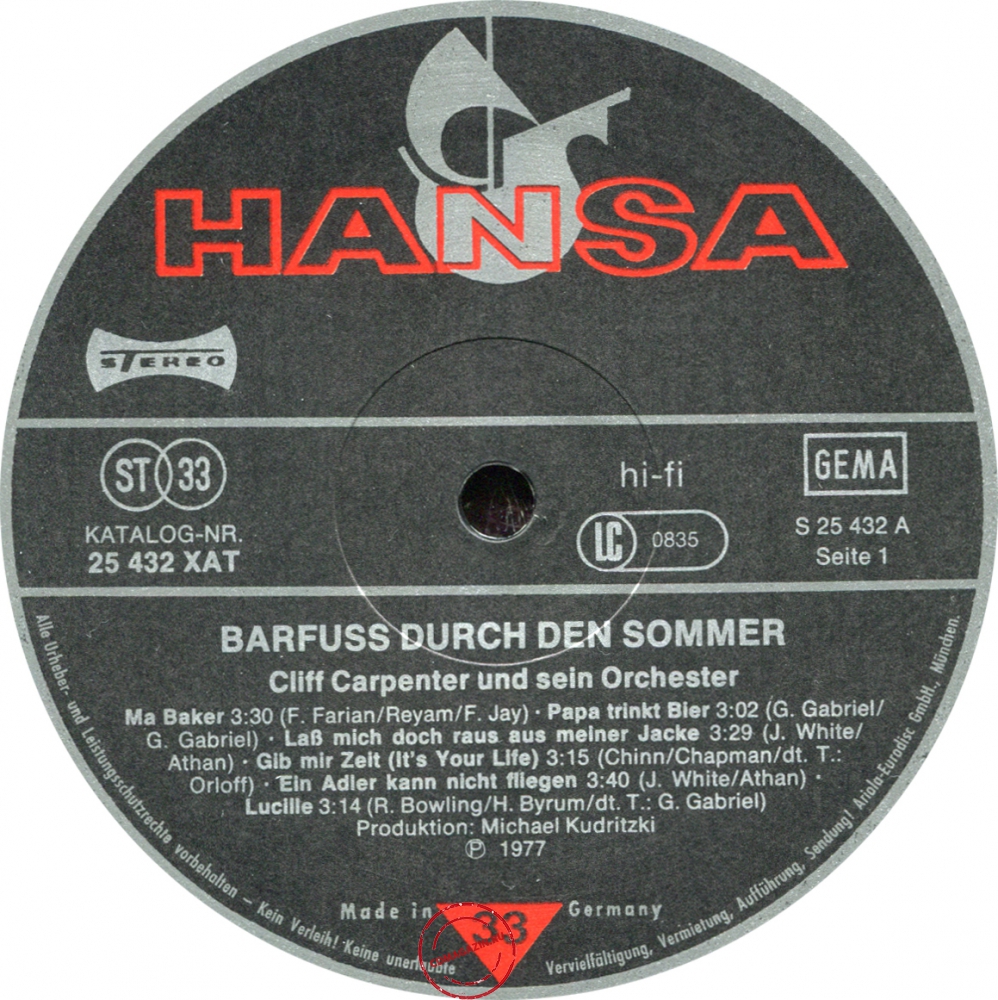 Оцифровка винила: Cliff Carpenter (1977) Barfuß Durch Den Sommer