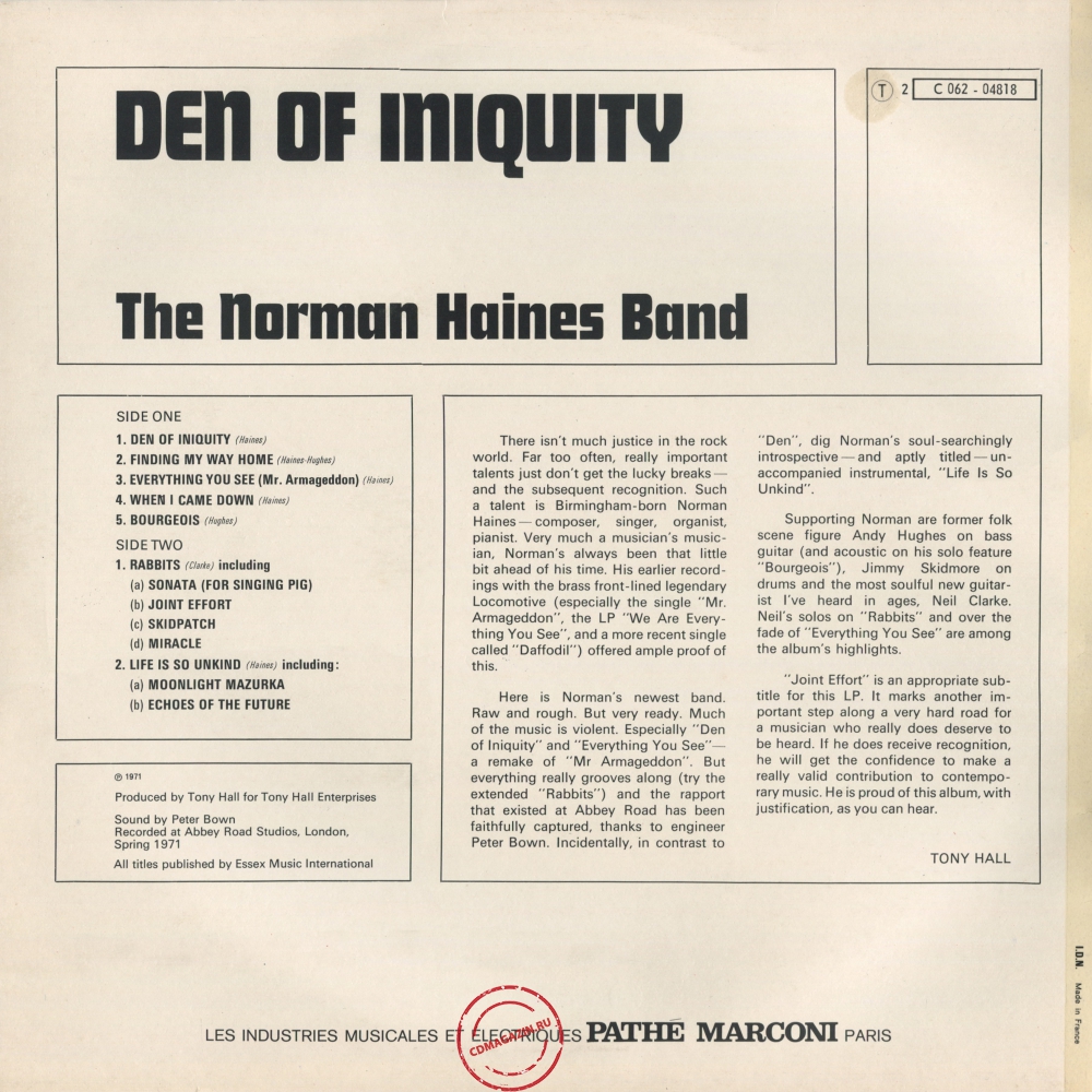 Оцифровка винила: Norman Haines Band (1971) Den Of Iniquity
