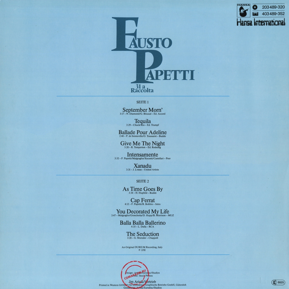 Оцифровка винила: Fausto Papetti (1980) 31a Raccolta