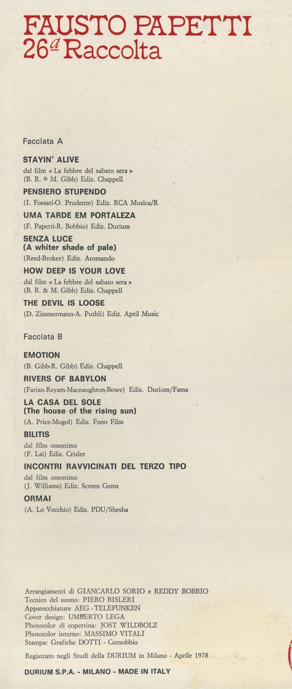 Оцифровка винила: Fausto Papetti (1978) 26a Raccolta
